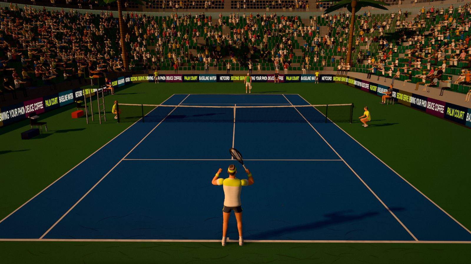 A Palm Court match at golden hour: a player on a blue hard court in a packed stadium lined with palm trees